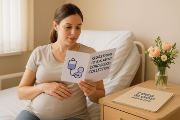 Pregnant woman look at guide on cord blood banking