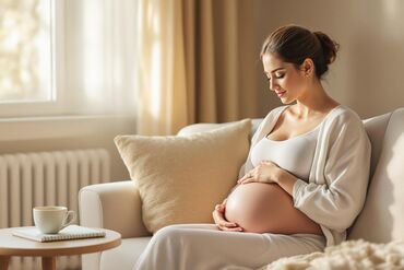 Pregnant woman looking down at growing tummy