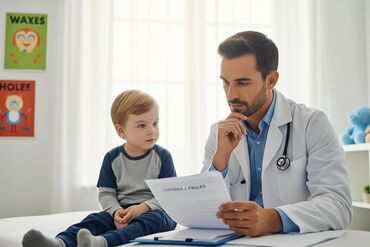 Doctor and toddler in doctors office looking at paperwork