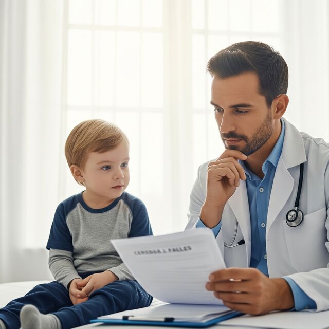 Doctor and toddler in doctors office looking at paperwork