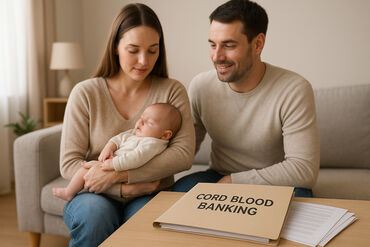 Parents looking down at newborn baby sleeping