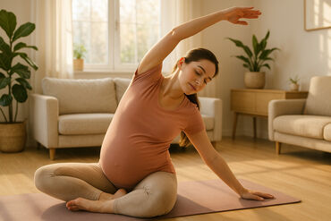 Pregnant woman stretching to the side in a calming yoga pose