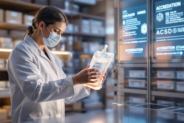 Lab technician looking at specimen bag in a lab setting