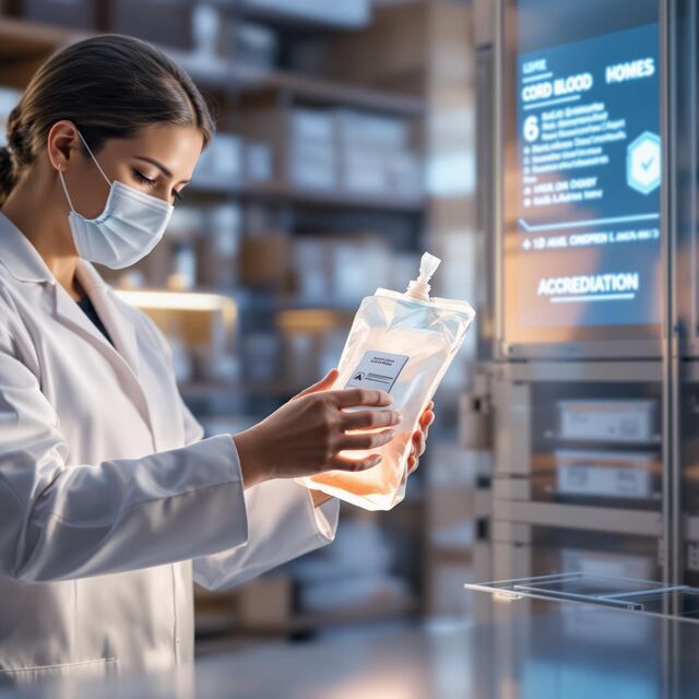 Lab technician looking at specimen bag in a lab setting
