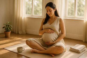 Pregnant woman looking down smiling holding pregnant belly