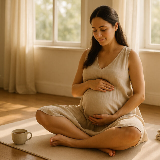 Pregnant woman looking down smiling holding pregnant belly