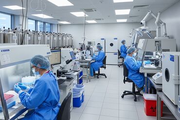 Lab techs working in a stem cell lab