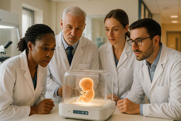 Doctors looking glass container growing embryo
