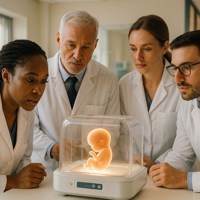 Doctors looking glass container growing embryo