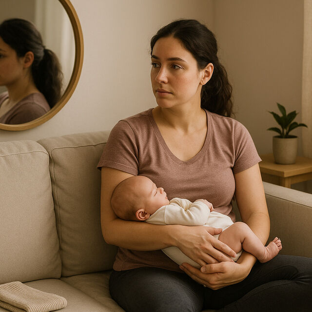 Postpartum woman holding newborn worn expression