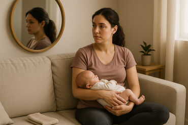 Postpartum woman holding newborn worn expression