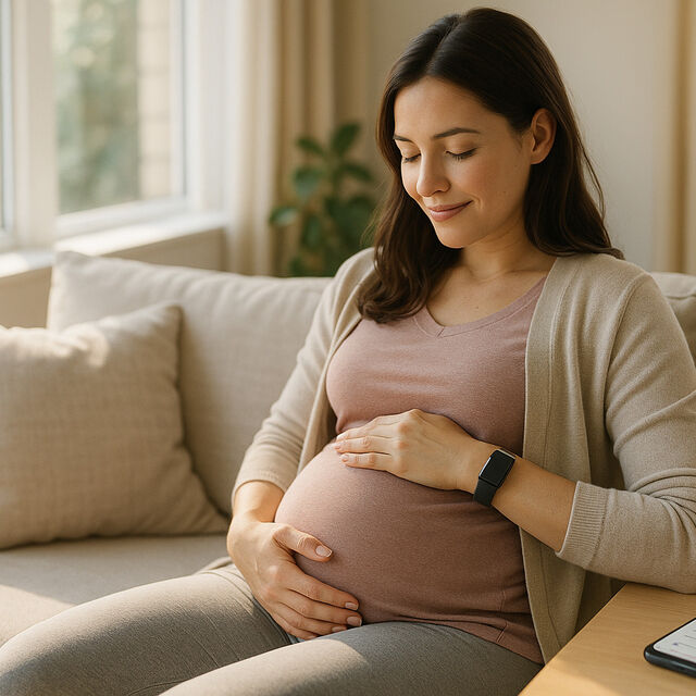 Brunette woman smiling down holding pregnant stomach