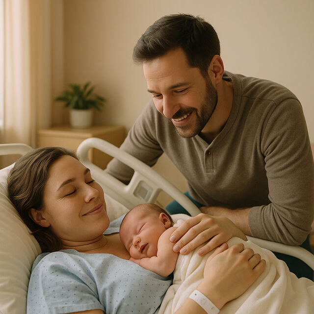 Newborn smiling parents hospital bed