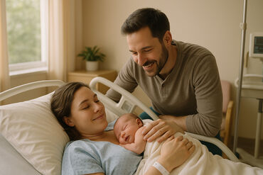 Newborn smiling parents hospital bed