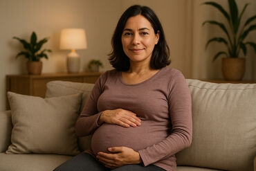 Pregnant woman holding belly smiling