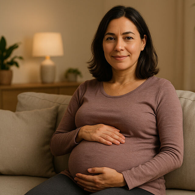 Pregnant woman holding belly smiling