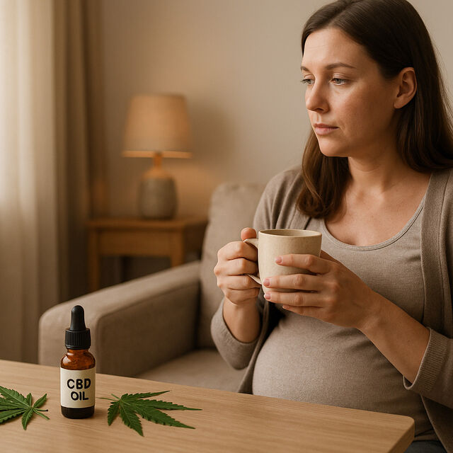 Pregnant mom holding coffee cannabis