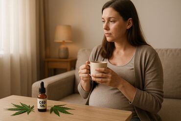 Pregnant mom holding coffee cannabis