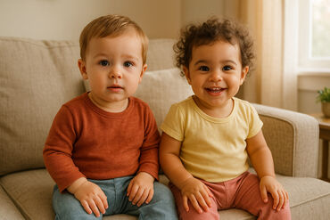 Fraternal twins sitting together smiling at camera