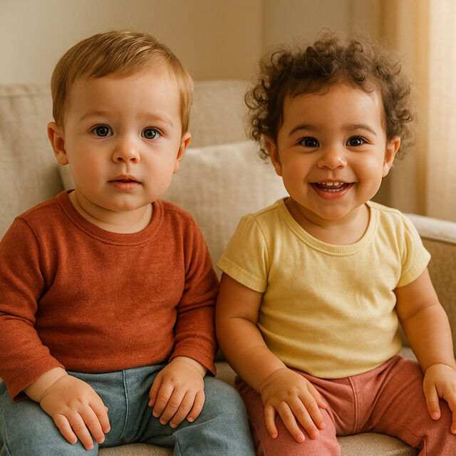 Fraternal twins sitting together smiling at camera