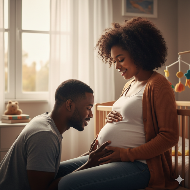 Pregnant mom looking down dad talking to growing belly