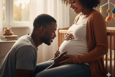 Pregnant mom looking down dad talking to growing belly