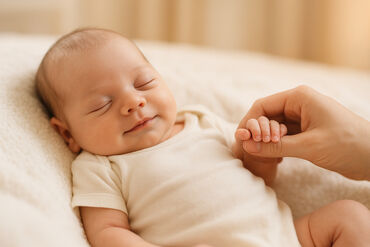 Newborn baby smiling holding moms finger