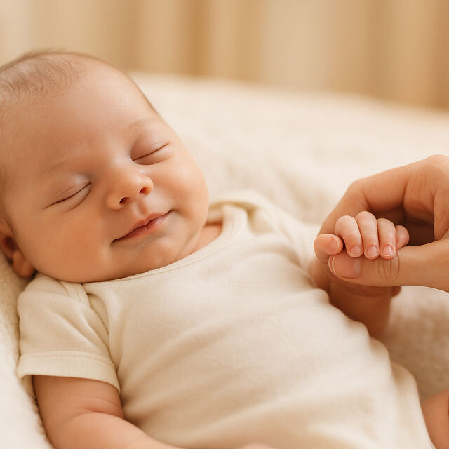 Newborn baby smiling holding moms finger