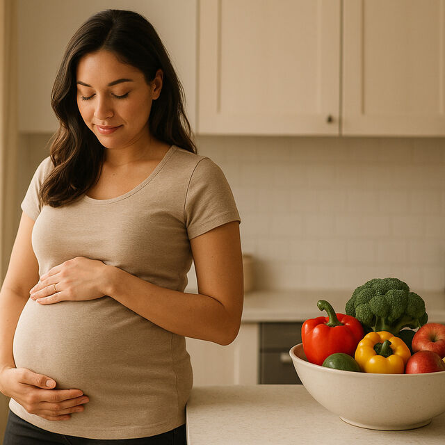 Pregnant woman looking at belly bowl of fruits veggies