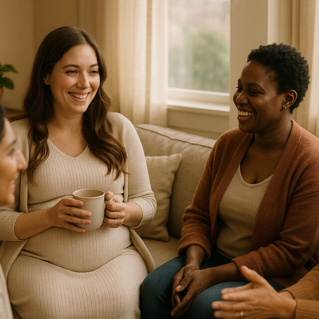 Pregnant woman smiling with girlfriends