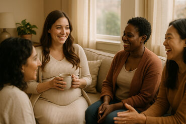 Pregnant woman smiling with girlfriends