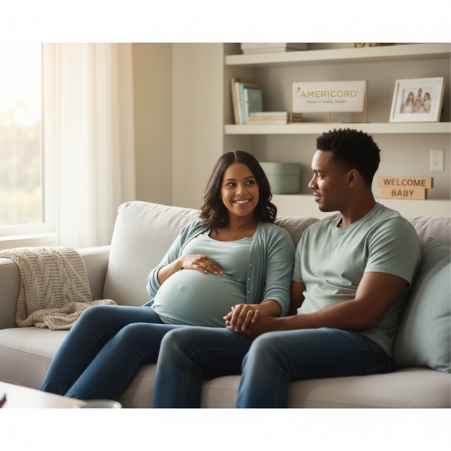 Pregnant couple smiling on couch