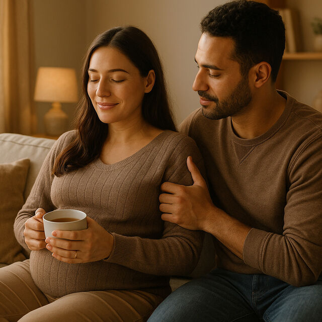 Pregnant couple enjoying coffee couch