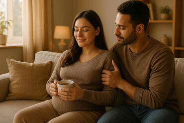 Pregnant couple enjoying coffee couch