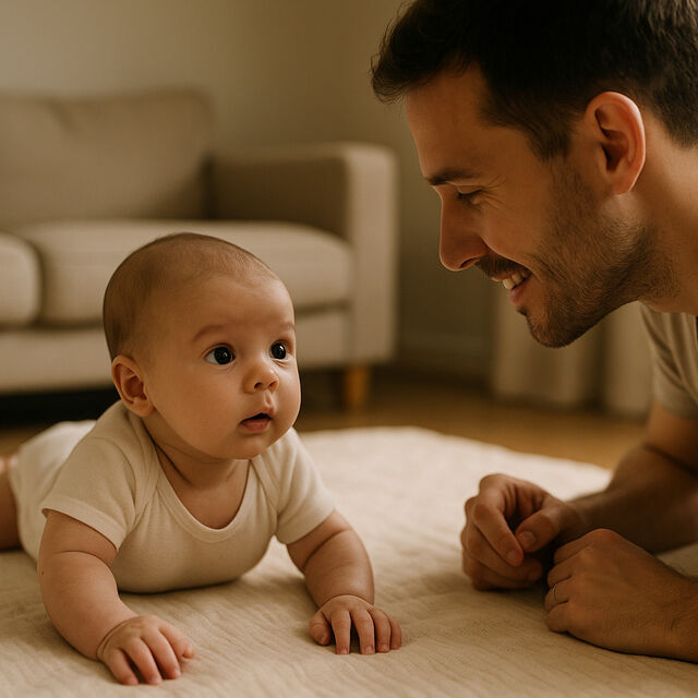 Baby crawling with dad on floor