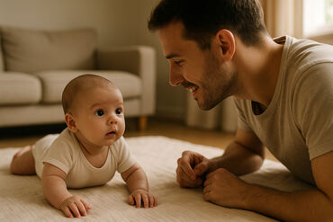 Baby crawling with dad on floor