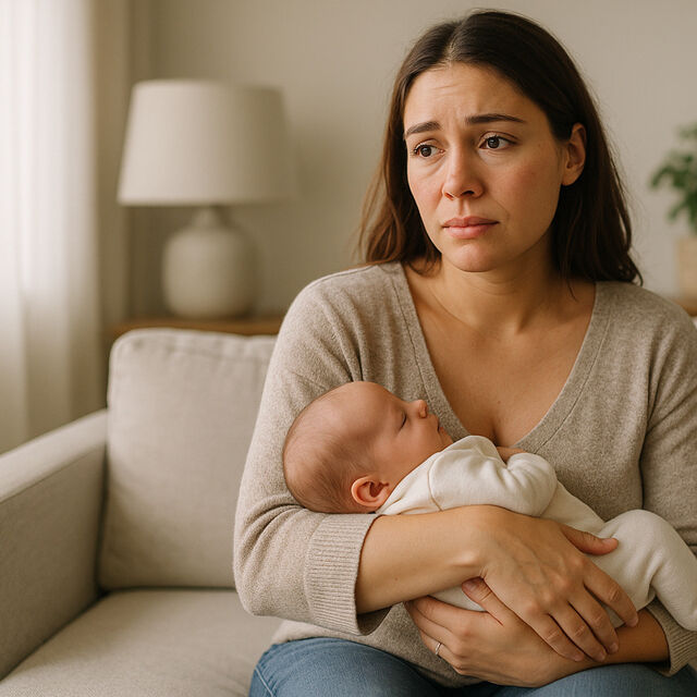 New mom feeling sad holding newborn