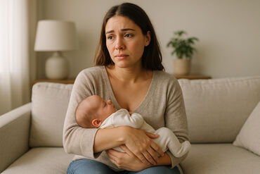 New mom feeling sad holding newborn