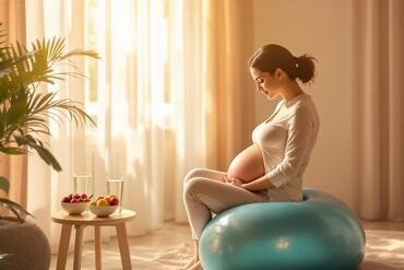 Pregnant woman yoga ball looking down