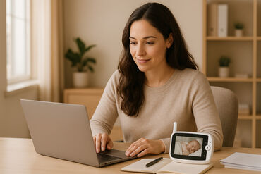 Woman working computer after pregnancy
