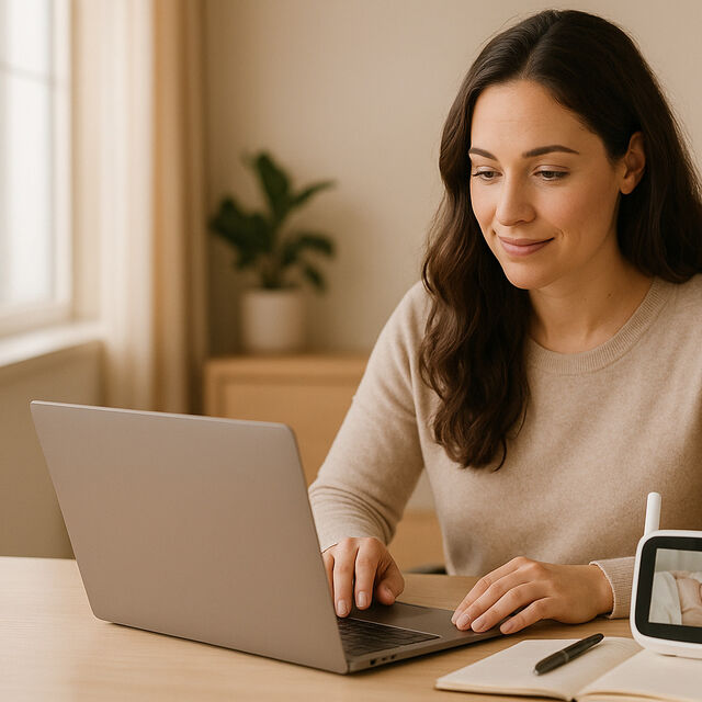 Woman working computer after pregnancy