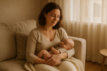 New mom smiling with newborn baby sitting