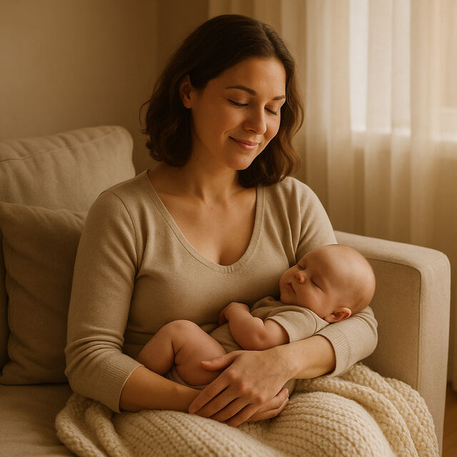 New mom smiling with newborn baby sitting