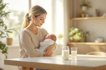 New mom holding newborn with milk