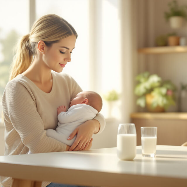 New mom holding newborn with milk