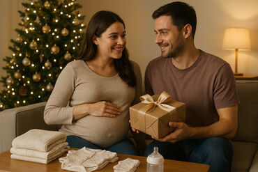 Expecting couple holding gift in front of chirstmas tree