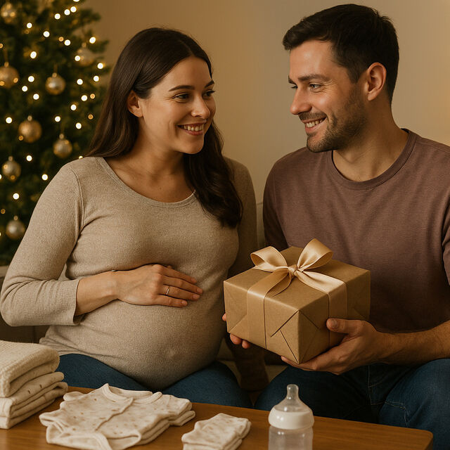 Expecting couple holding gift in front of chirstmas tree