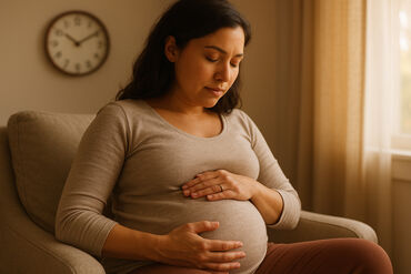 Pregnant woman holding belly having contractions