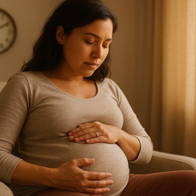 Pregnant woman holding belly having contractions