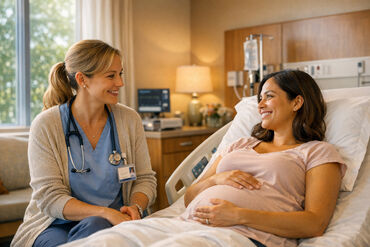 Pregnant hospital room midwife smiling
